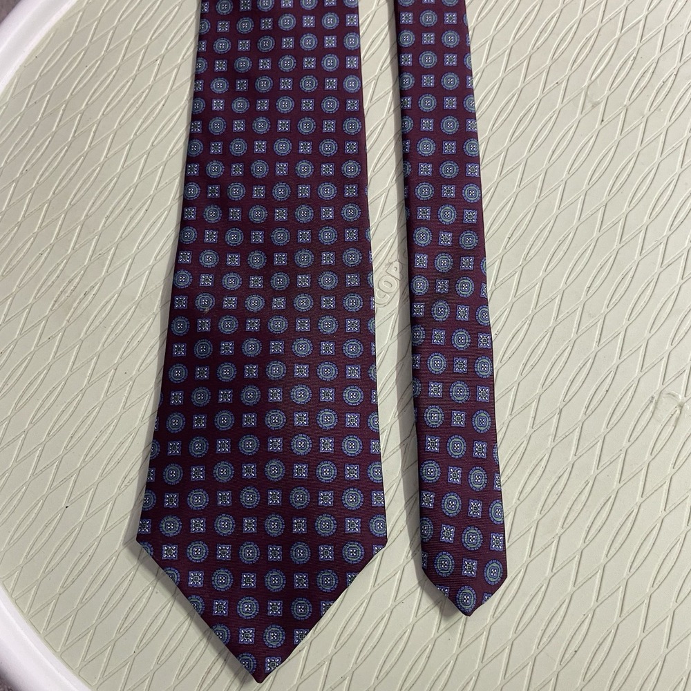 Halston Mens‎ Necktie Italian Designer Burgundy W/Blue&Green Geometric 56"